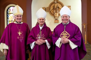 The three Bishops of Alaska pictured while gathered in Anchorage for a recent Alaska Priests’ Convocation. From left to right: Bishop Donald Kettler, Fairbanks; Archbishop Roger Schwietz, Anchorage; Bishop Edward Burns, Juneau. Photo by Ron Nicholl, Anchorage.